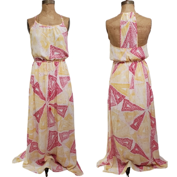 Pepe Jeans London Pink Yellow Geometric Tied Waist Maxi Dress - Picture 3 of 10